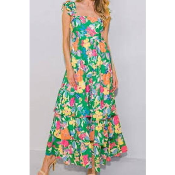 Flying Tomato Dresses & Skirts - Green Floral Chiffon Sleeveless Ruffle Maxi Dress Feminine cottage core Sz L
